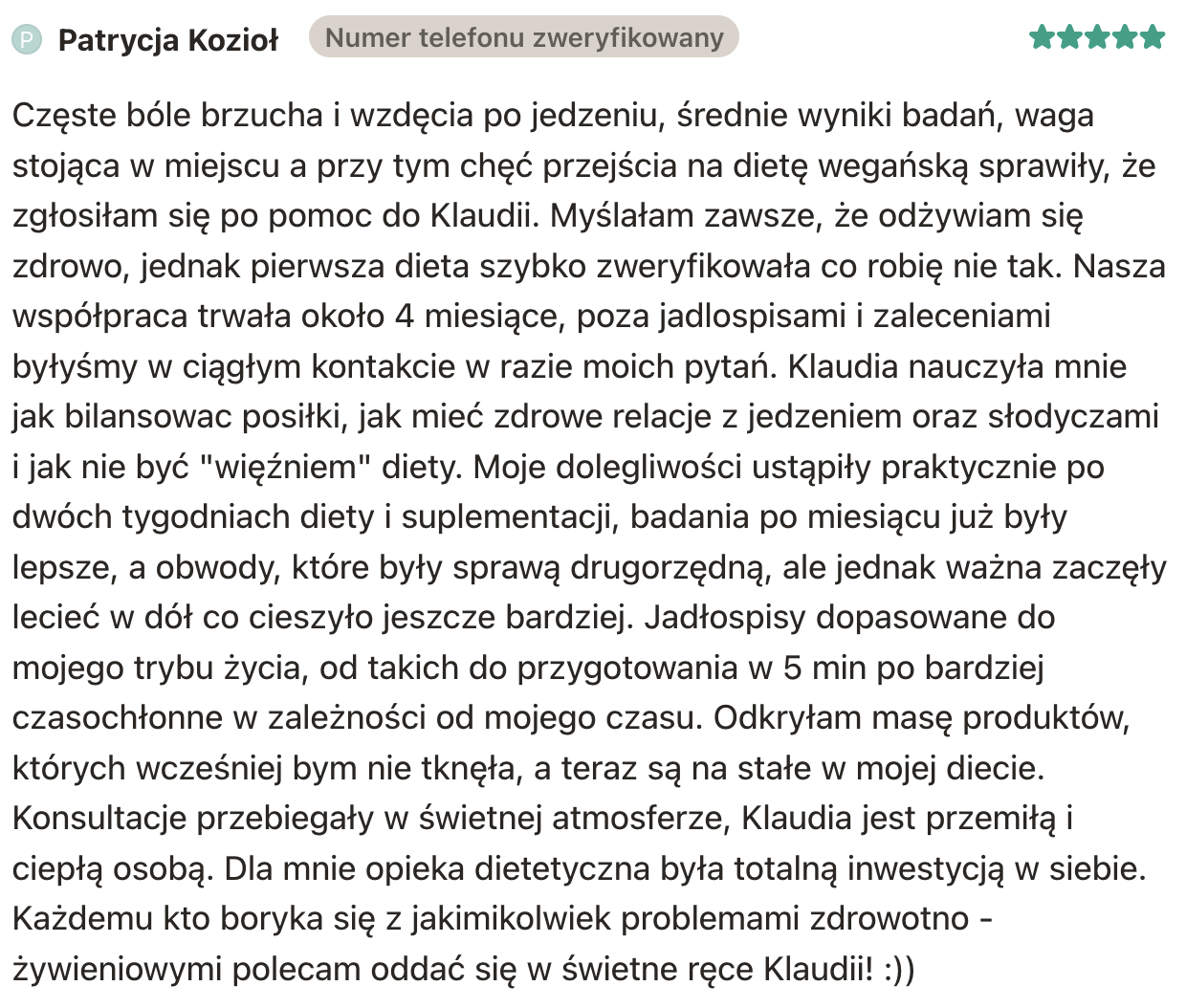 Opinia klientki po konsultacji dietetycznej